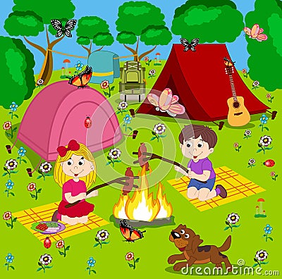 Tourists a young man and a girl are cooking at the stake Vector Illustration